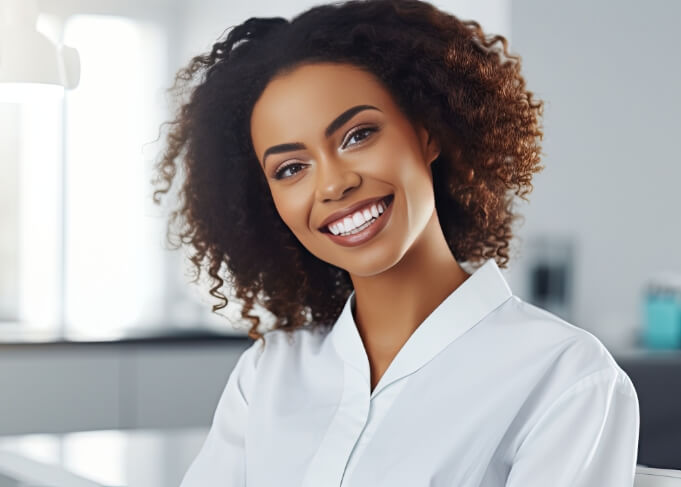Woman in white button up blouse smiling after preventive dentistry visit