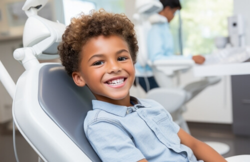 Young boy grinning in dental chair
