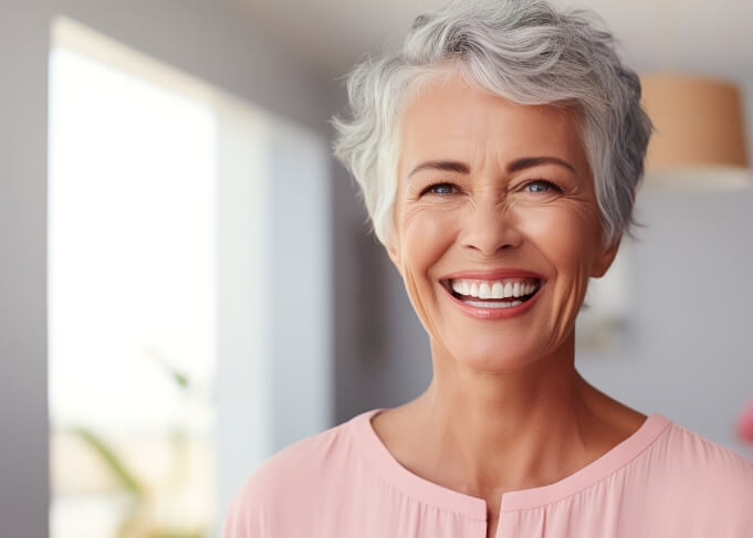 Older woman with short gray hair smiling after cosmetic dentistry in Orem